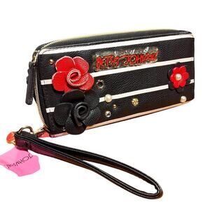 Betsey Johnson NEW zip around wristlet wallet faux leather w roses striped bling